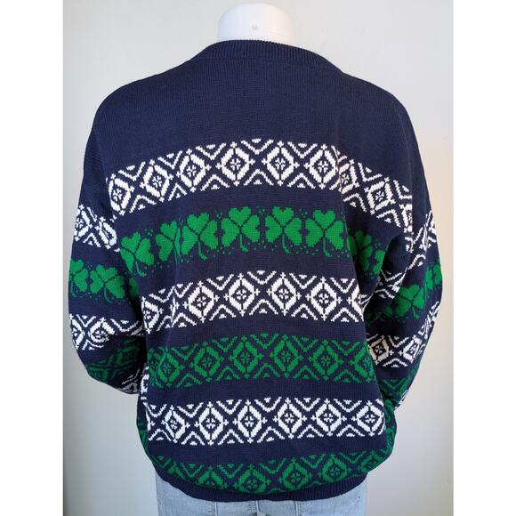 VTG Whats Next Sweater Large Navy Green Shamrock Fair Isle 80s St Patricks Irish - Picture 6 of 9